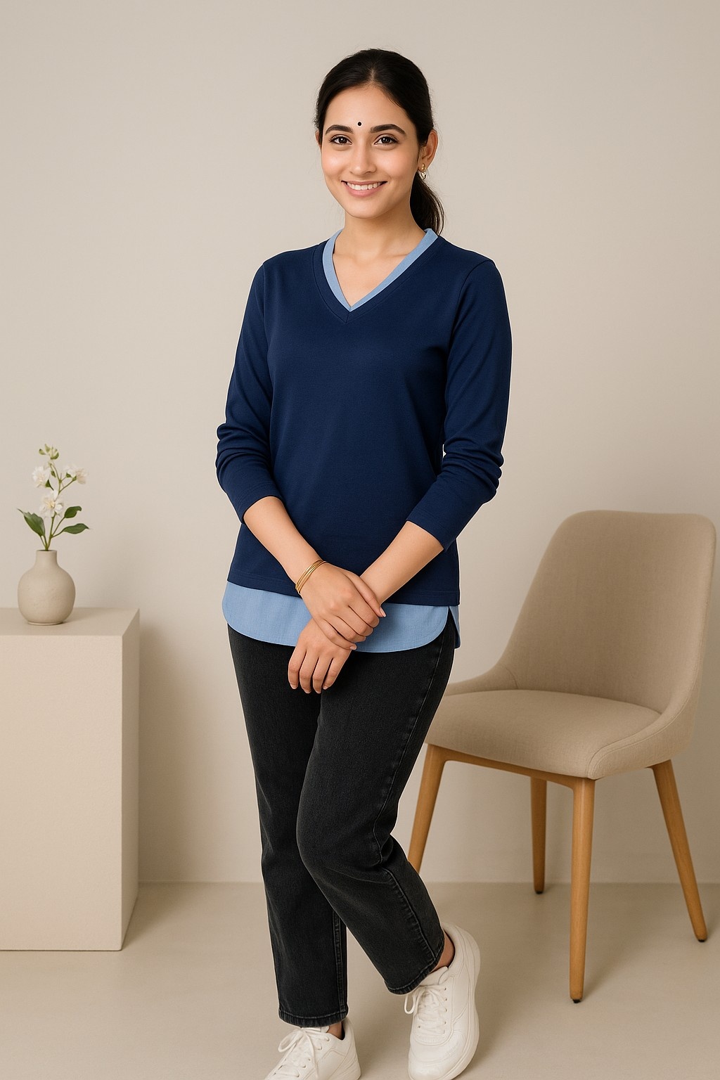 Navy Blue Layered V-Neck Long Sleeve T-Shirt for Women
