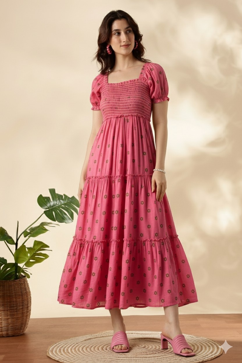 Smocked Bodice Pink Tiered Maxi Dress with Puff Sleeves