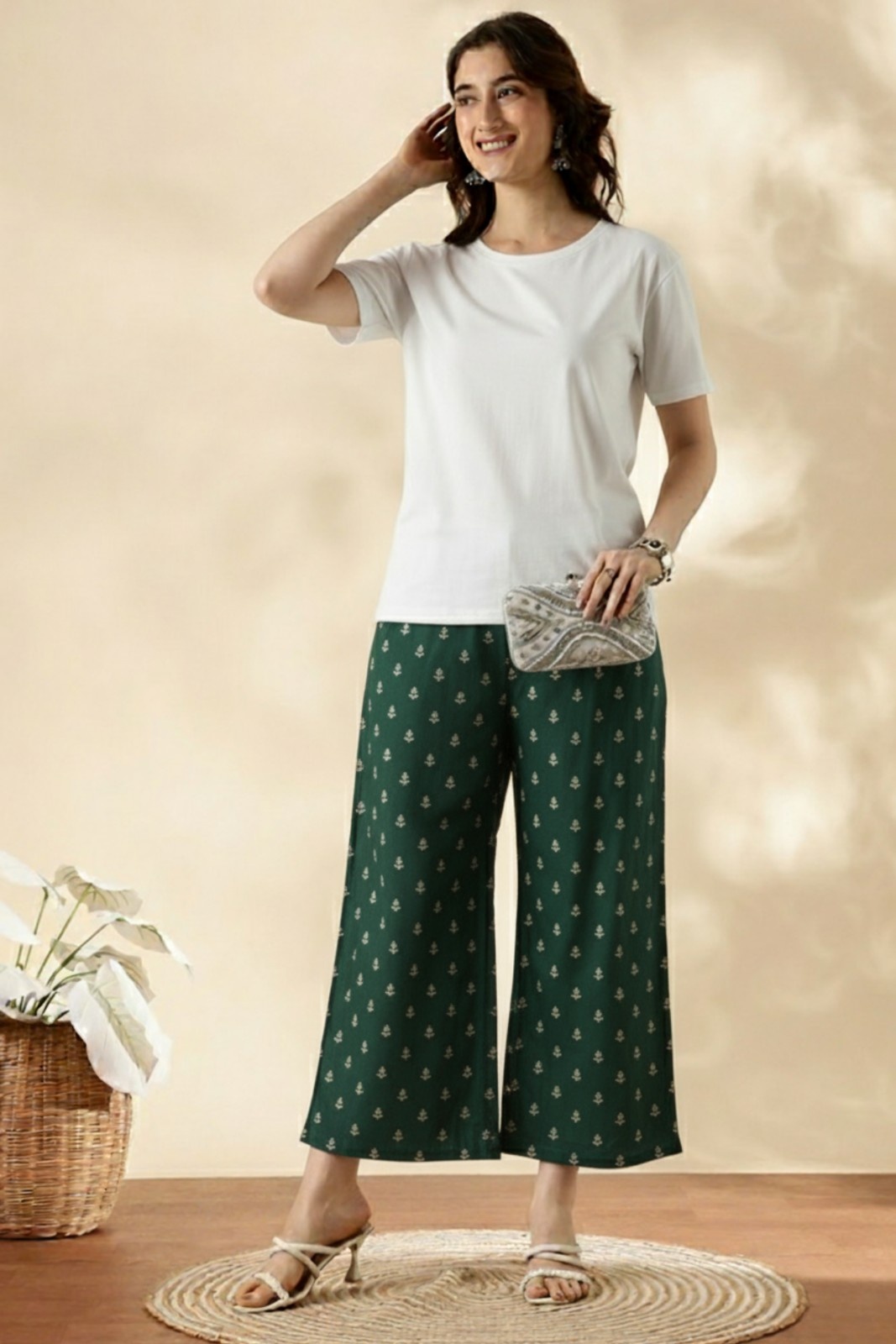 Green Printed Straight Pant