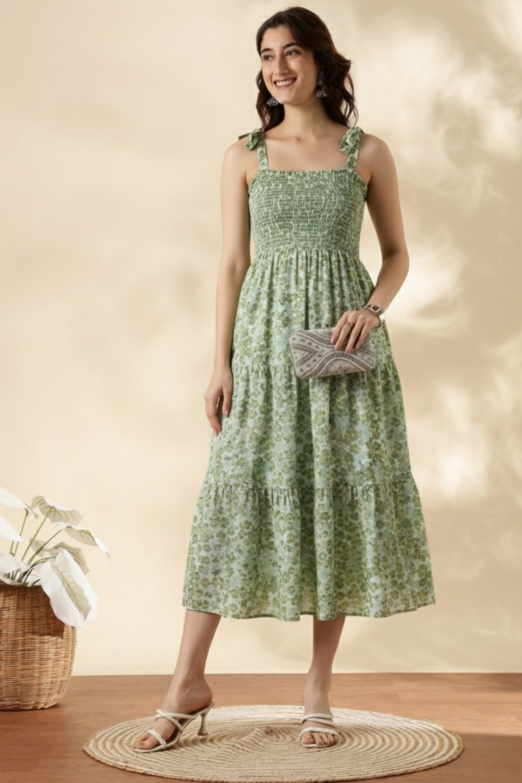 Green Floral Smocked Midi Dress