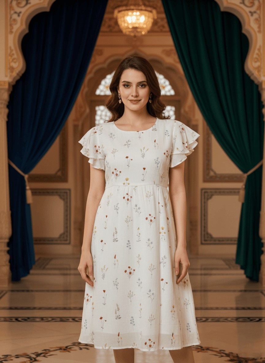 White Floral Printed Midi Dress with Ruffle Sleeves