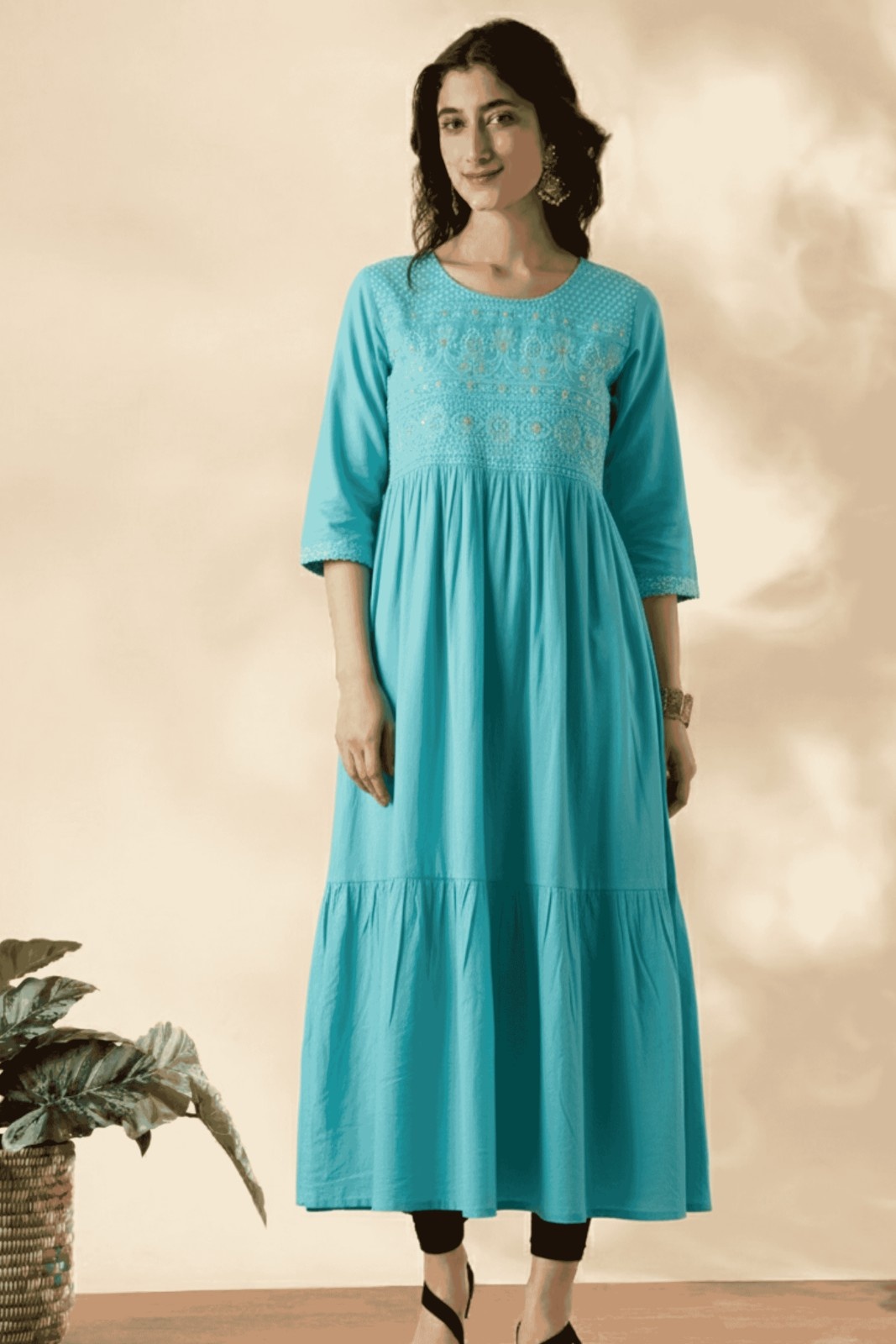 Turquoise Blue Tiered Kurta For Women