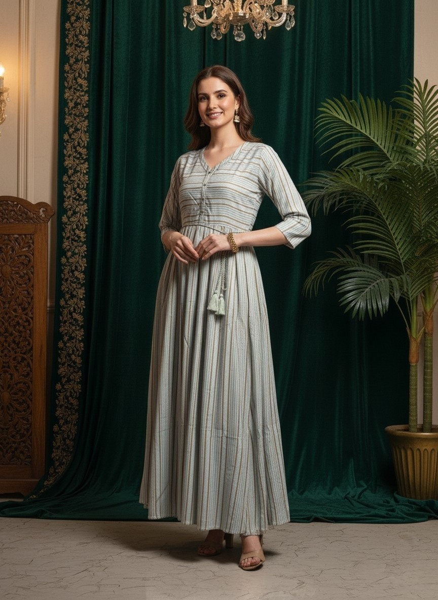 Striped Anarkali Maxi Kurta with Tassel Detailing