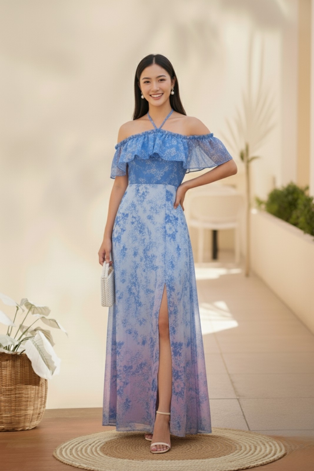 Blue Ombre Off-Shoulder Maxi Dress with Floral Print
