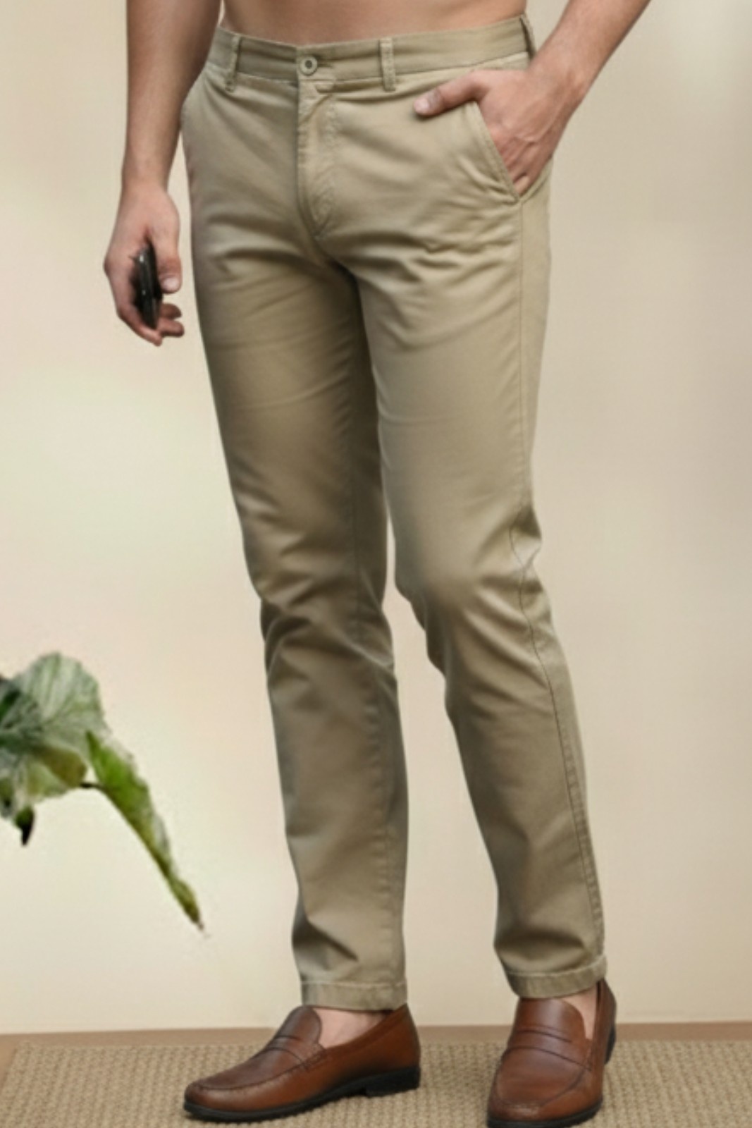 Men’s Classic Stretch 4-Way Lycra Pants – Beige Slim Fit