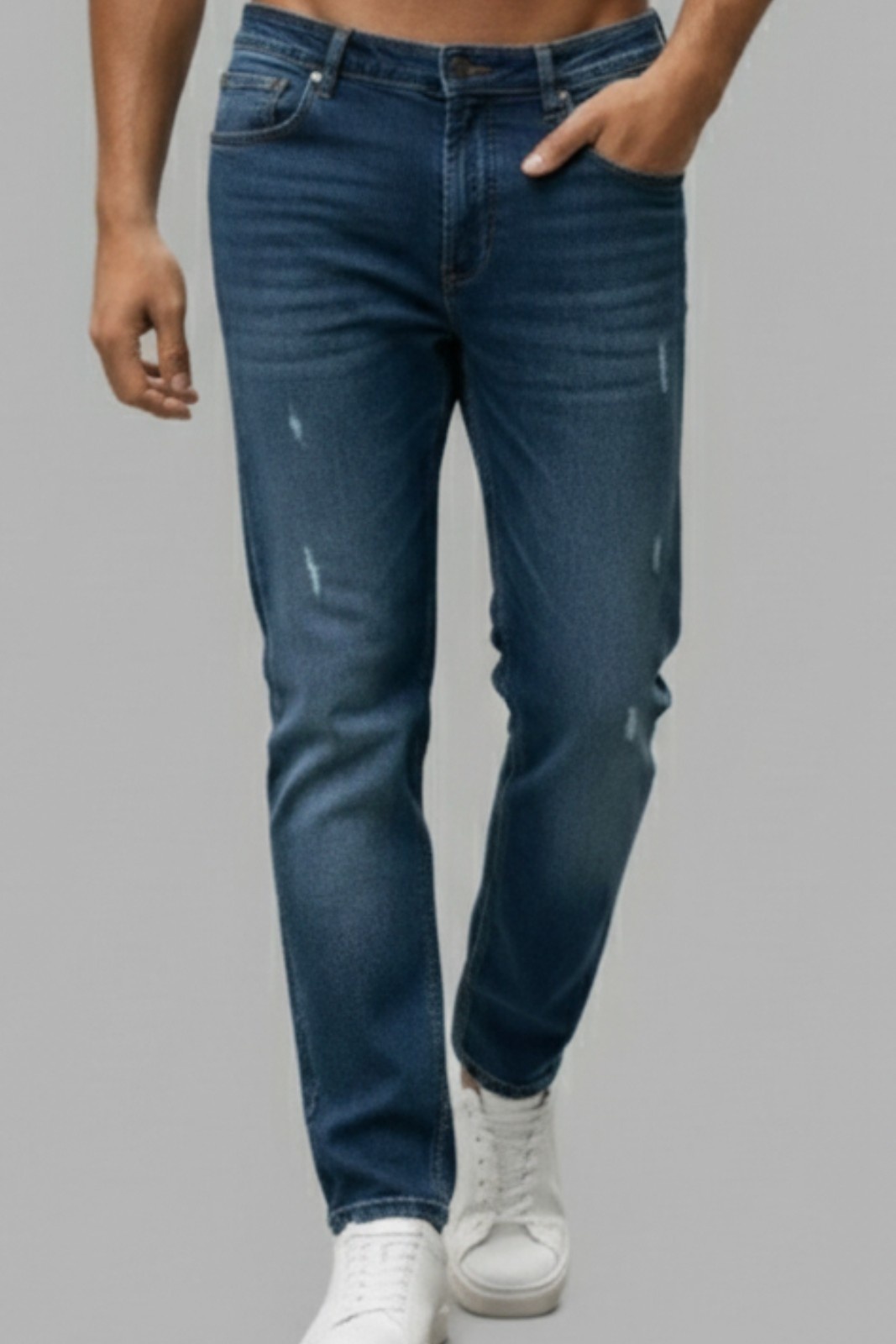 Men’s Monkey Wash Denim Jeans – Mid Blue Slim Fit